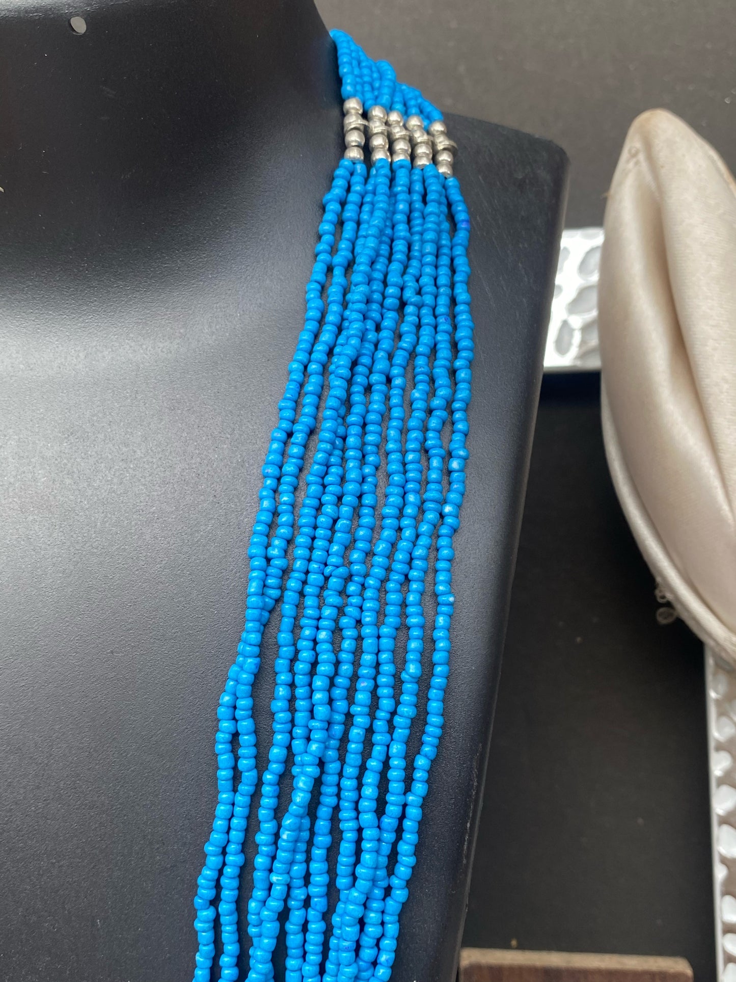 Multi-Strand Turquoise Blue Beaded Necklace with Silver Accents
