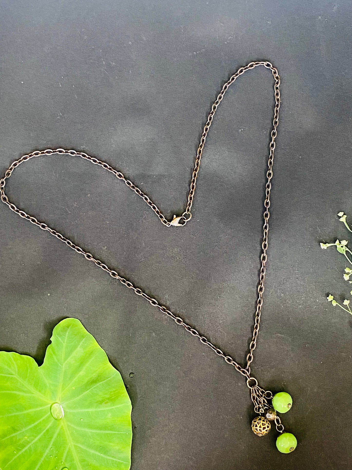 Antique Brass Chain Necklace with Green Bead Charms