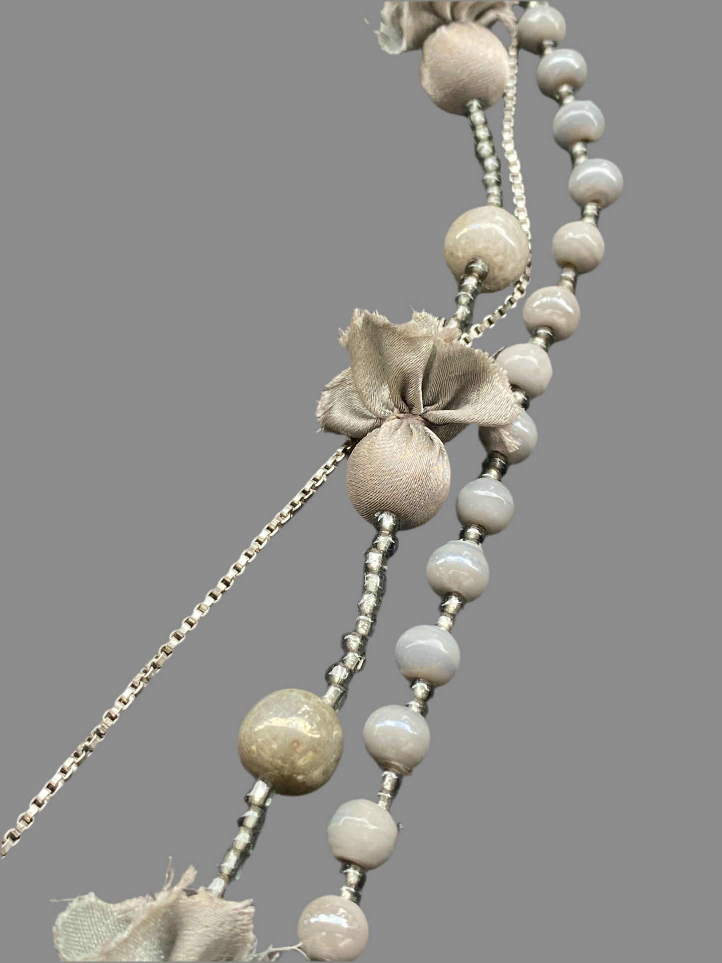 Grey Beaded Layered Necklace with Fabric Accents