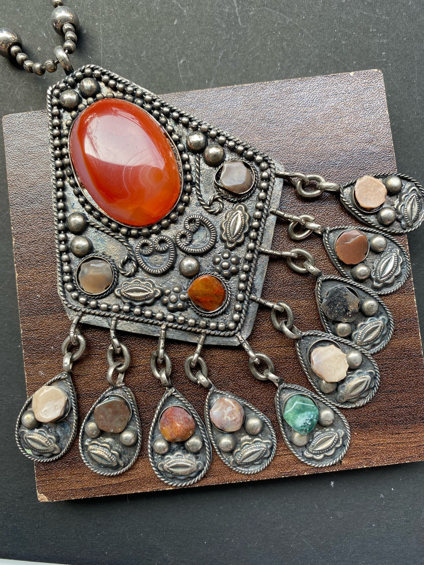 Tribal Antique Silver Necklace with Carnelian Stone and Dangling Charms
