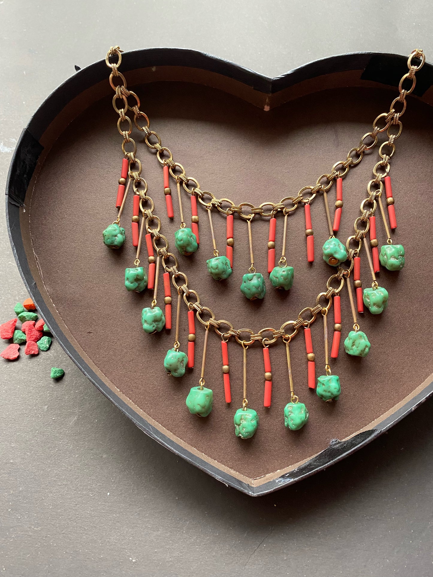 Tribal Statement Necklace with Green Stones & Red Beads