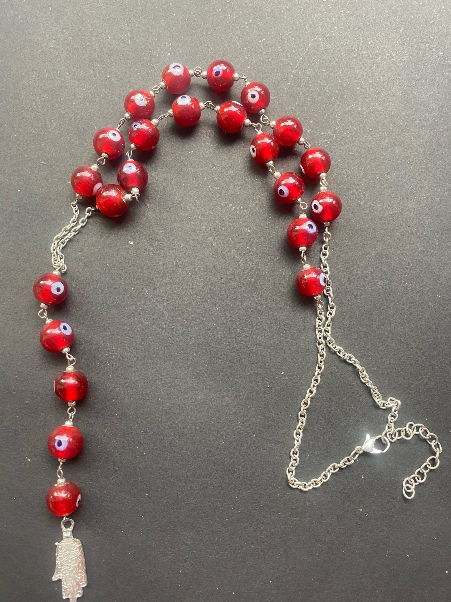Red Evil Eye Beaded Necklace with Hamsa Pendant