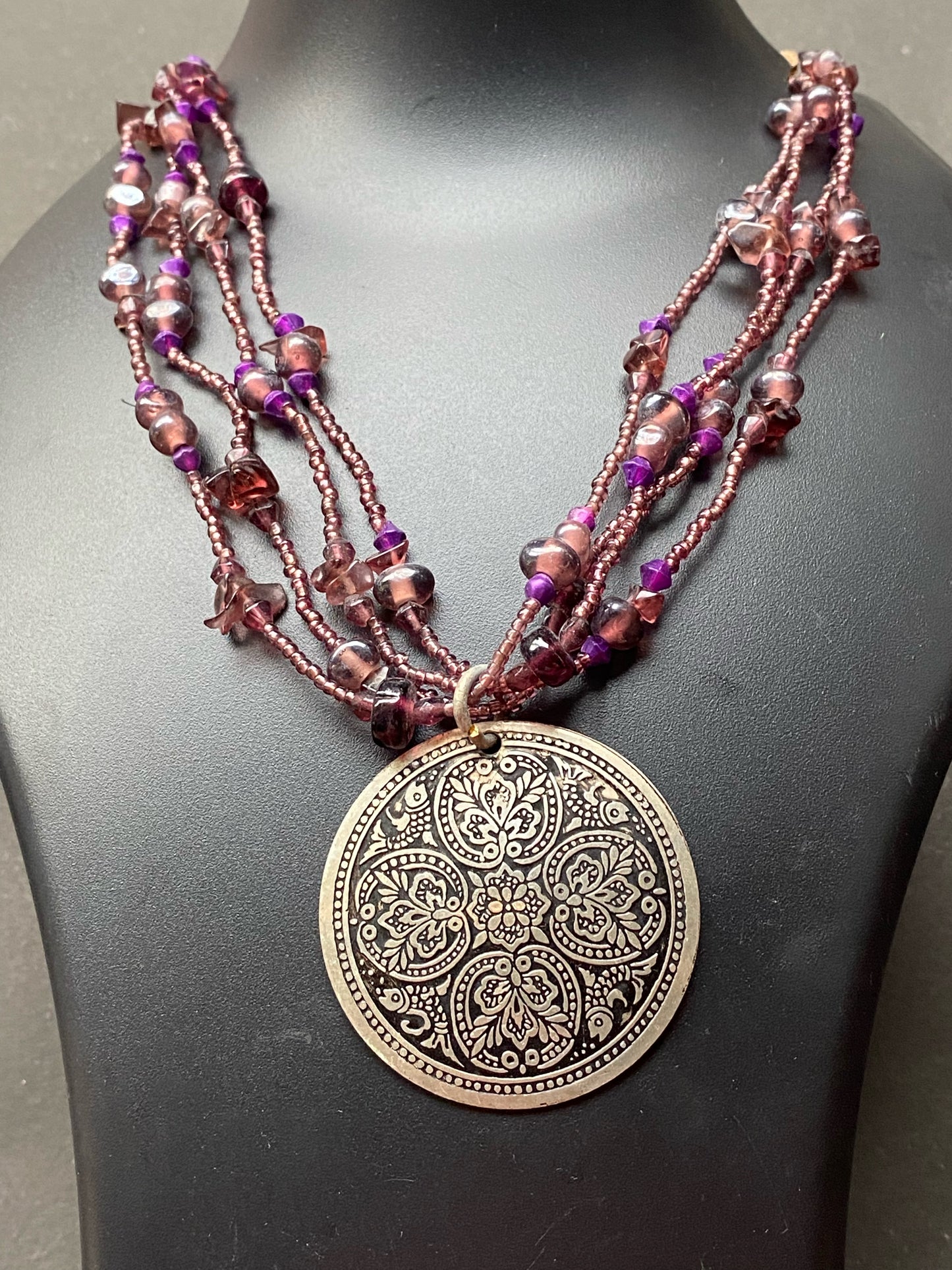 Bohemian Multi-Strand Beaded Necklace with Statement Pendant