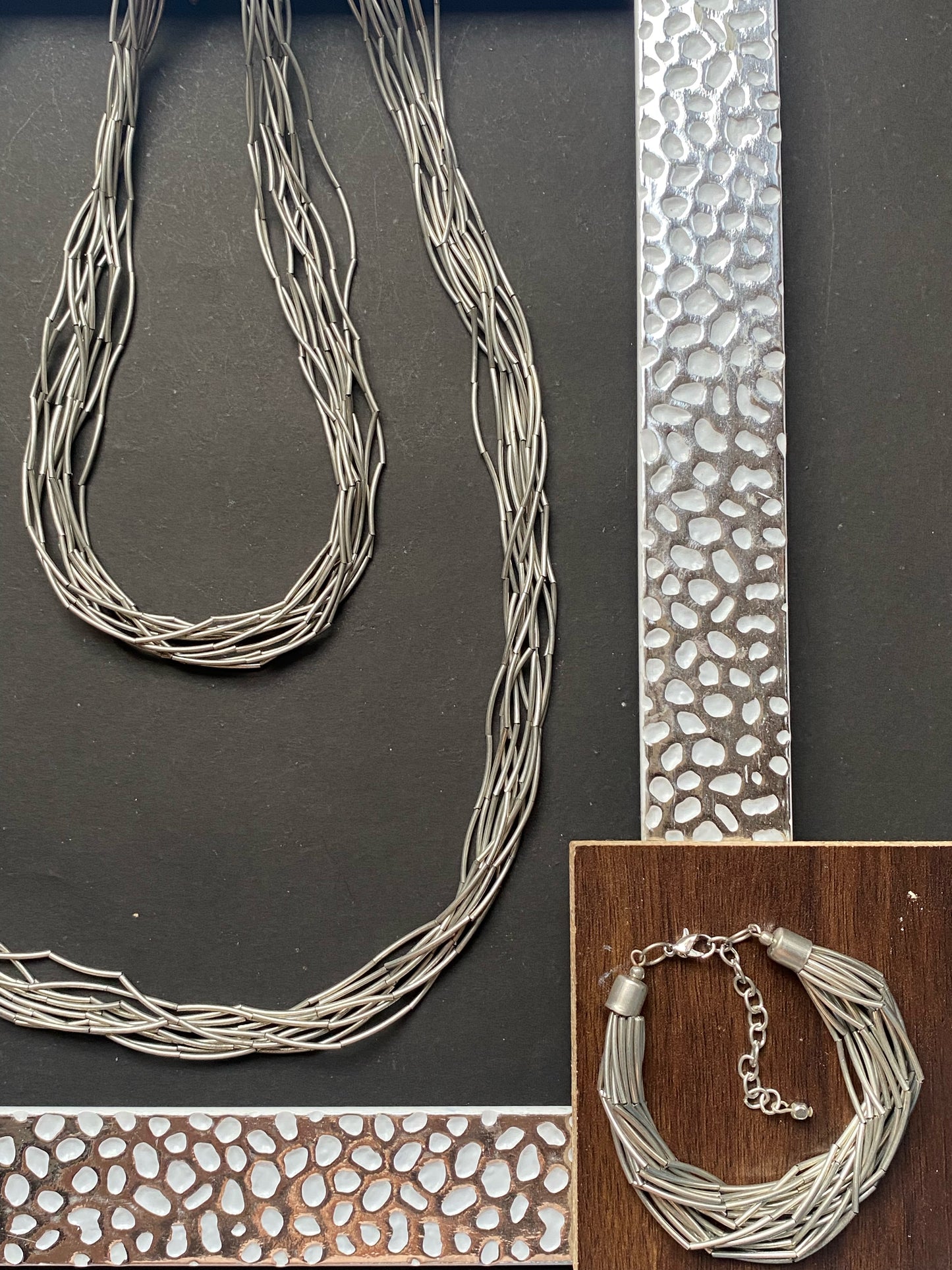 Silver Multi-Strand Necklace & Bracelet Set,set of Three