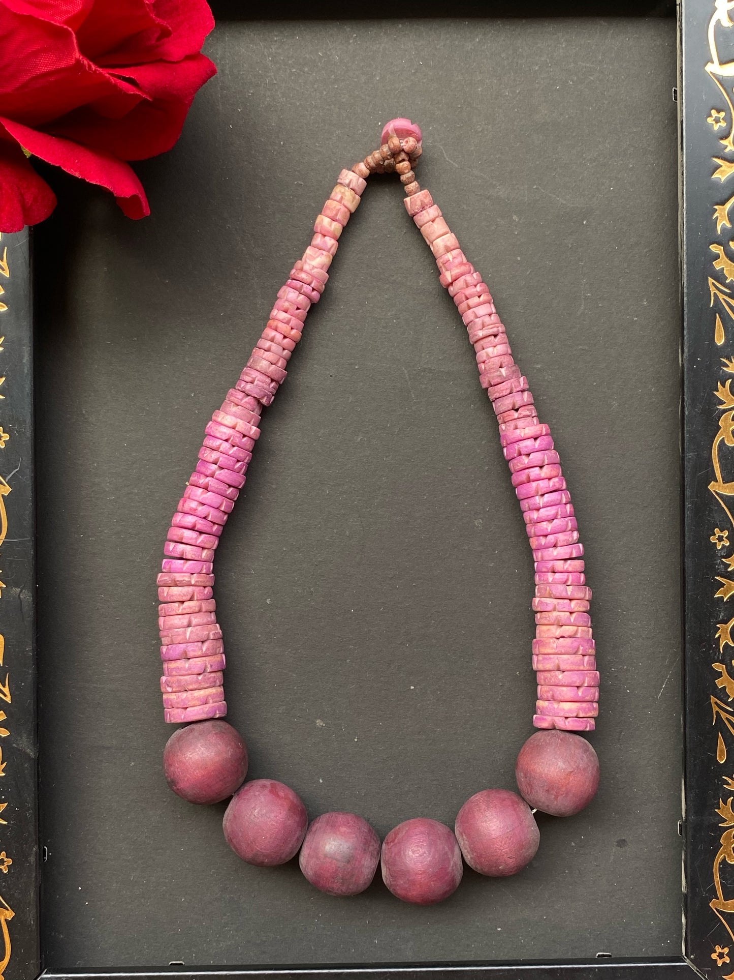 Handcrafted Pink Wooden & Shell Bead Necklace