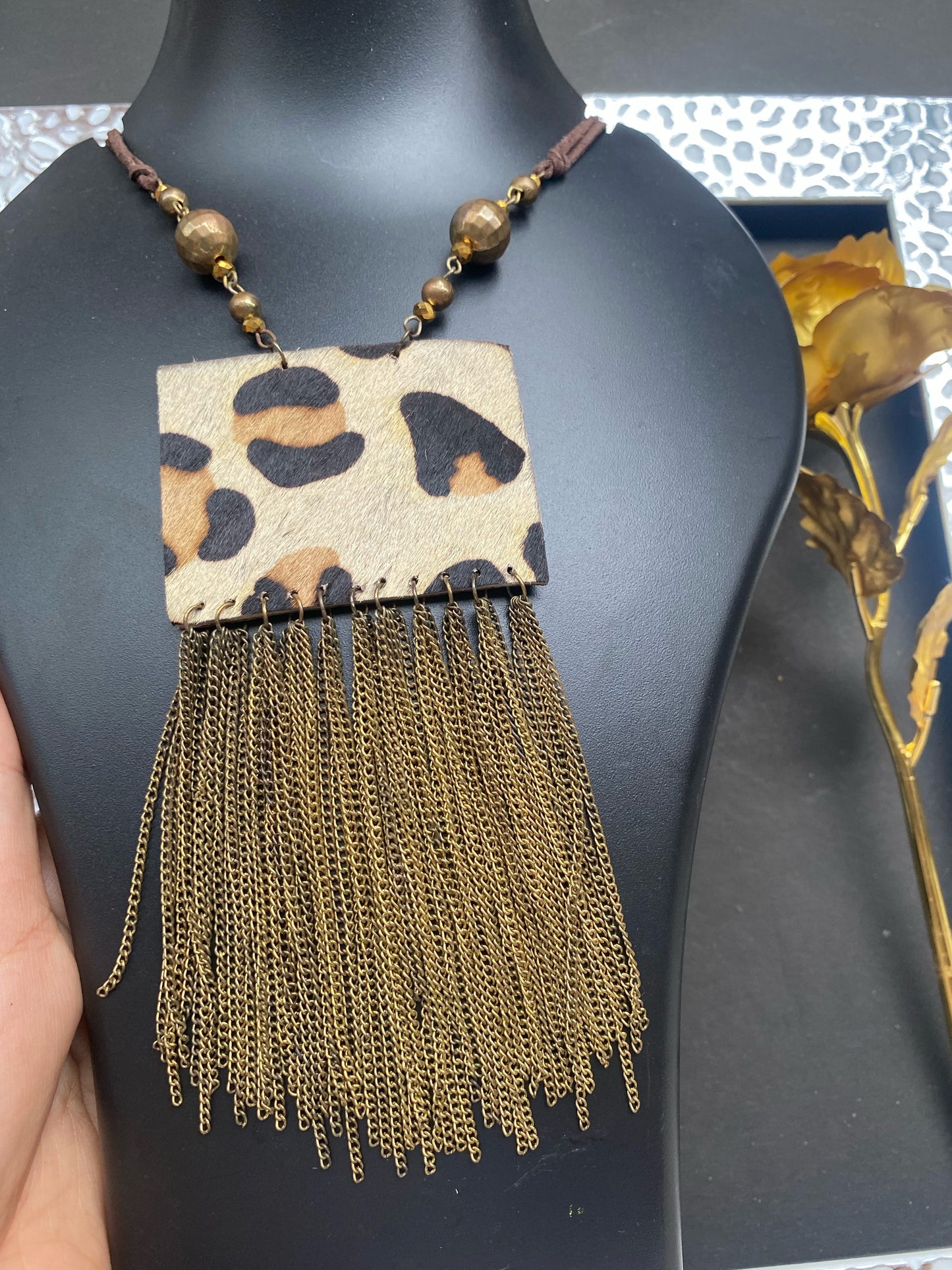Leopard Print Tassel Statement Necklace – Boho Chic