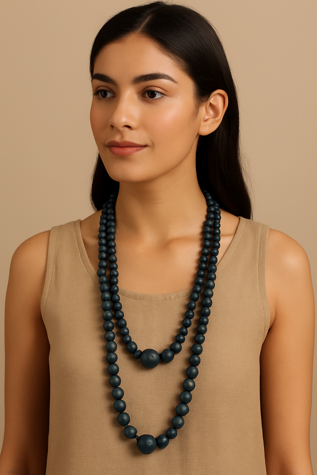 Matte Navy Blue Double-Layer Wooden Bead Necklace