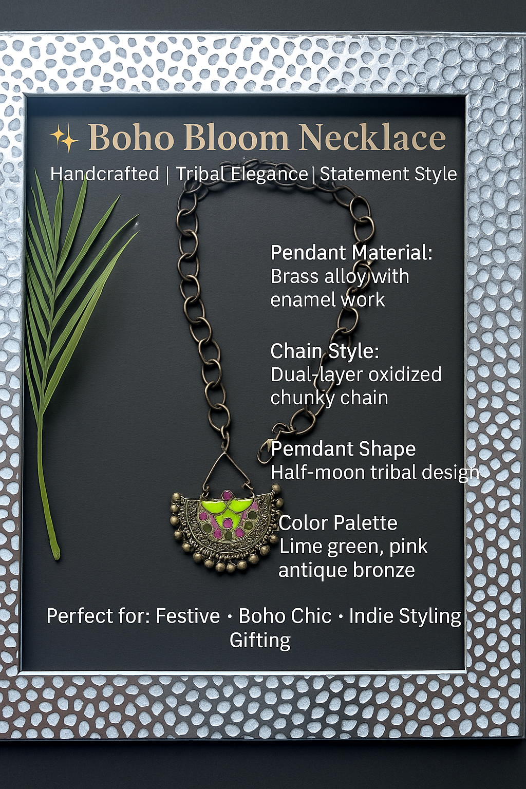 Boho Antique Chain Necklace with Colorful Tribal Pendant