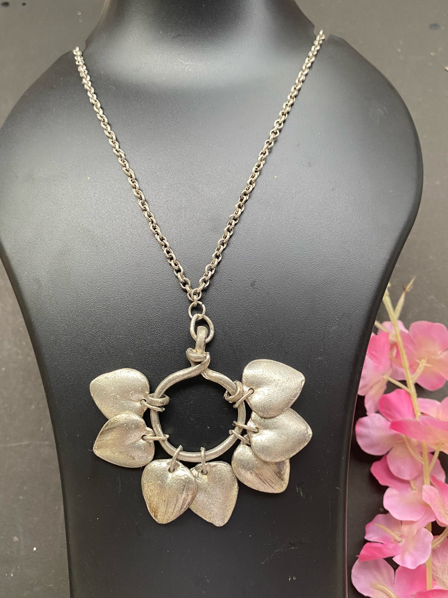 Silver Heart Charm Statement Necklace