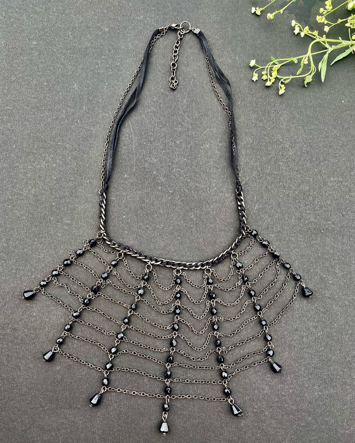 Gothic Black Cascading Chain Fringe Necklace