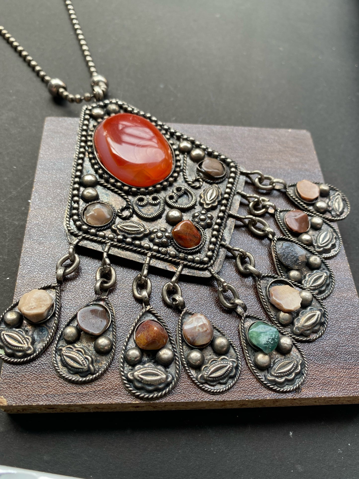 Tribal Antique Silver Necklace with Carnelian Stone and Dangling Charms