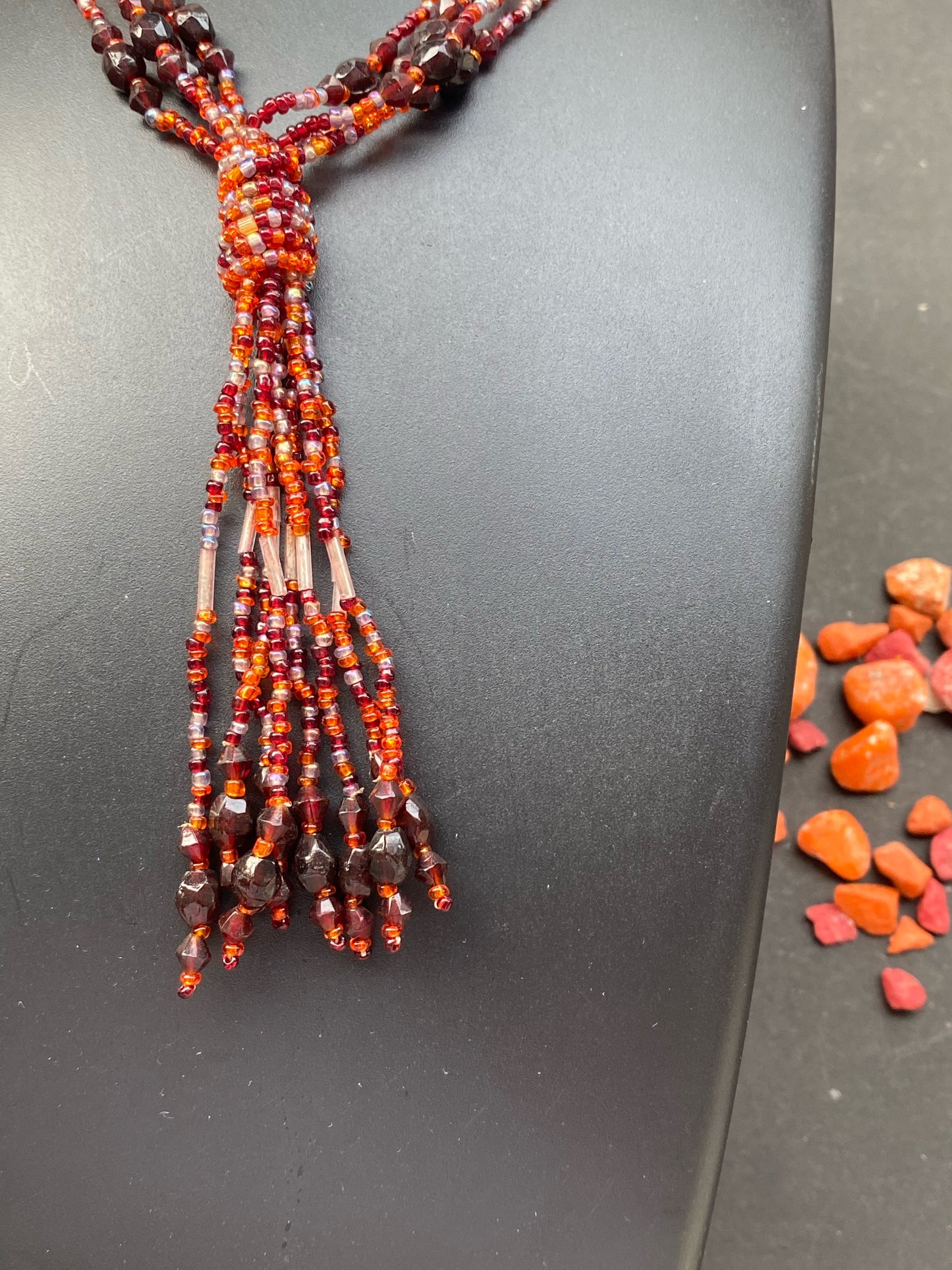 Multi-Strand Red Beaded Tassel Necklace – Festive Statement Piece
