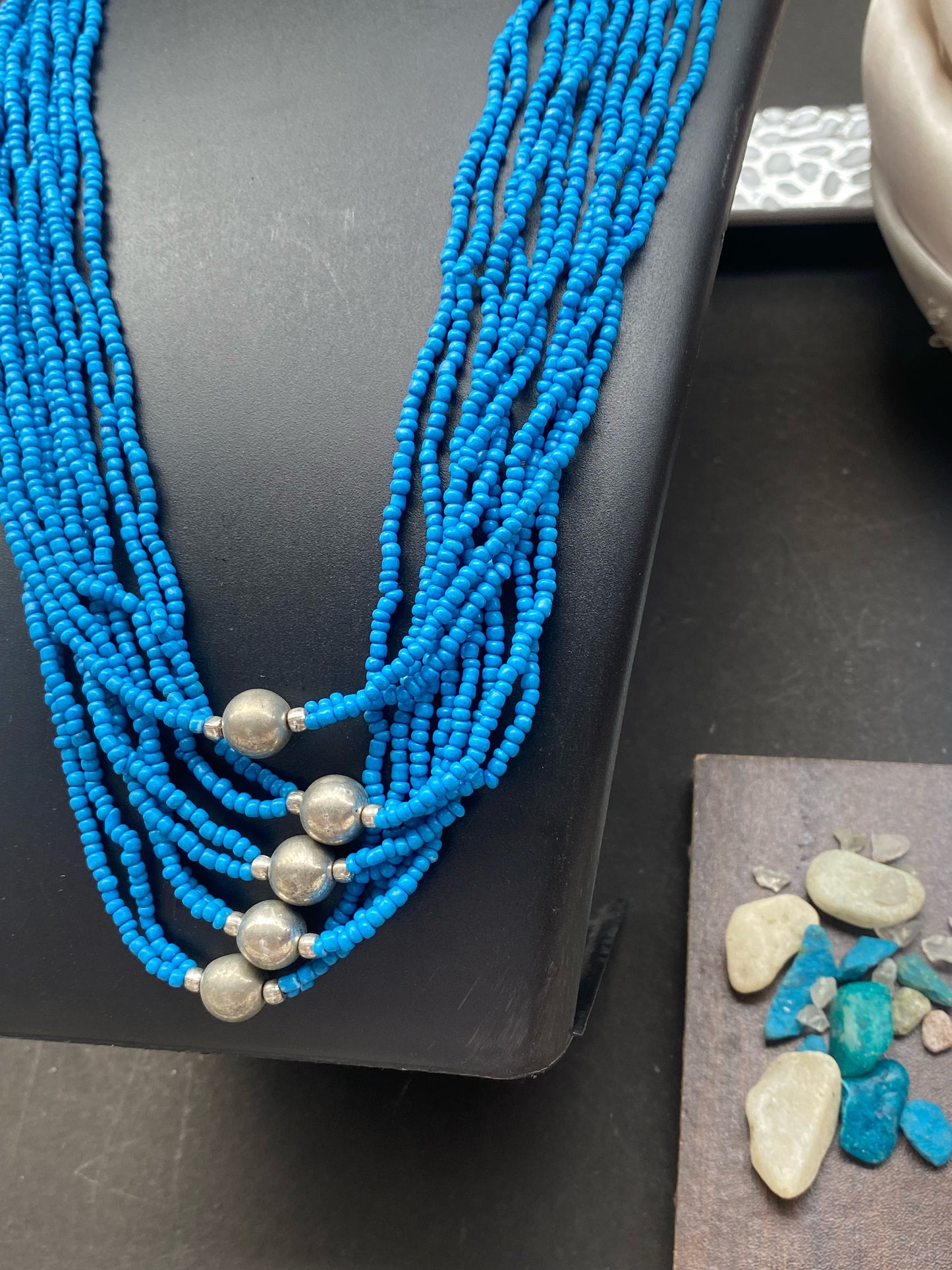 Multi-Strand Turquoise Blue Beaded Necklace with Silver Accents
