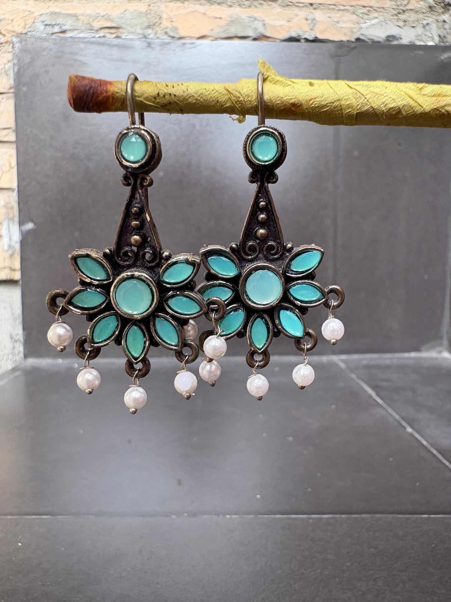 Antique Floral Drop Earrings with Mint Green Stones & Pearls
