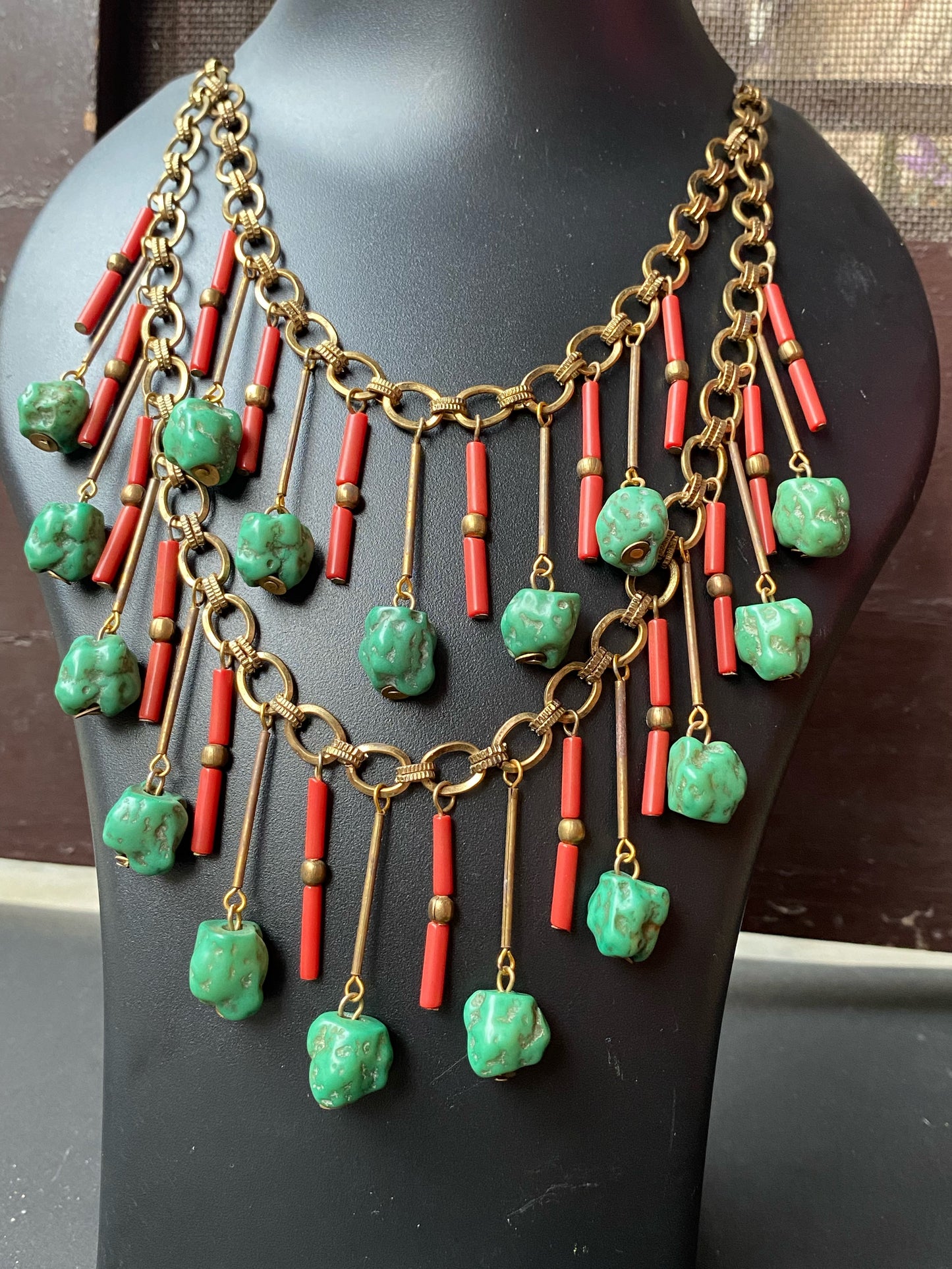 Tribal Statement Necklace with Green Stones & Red Beads