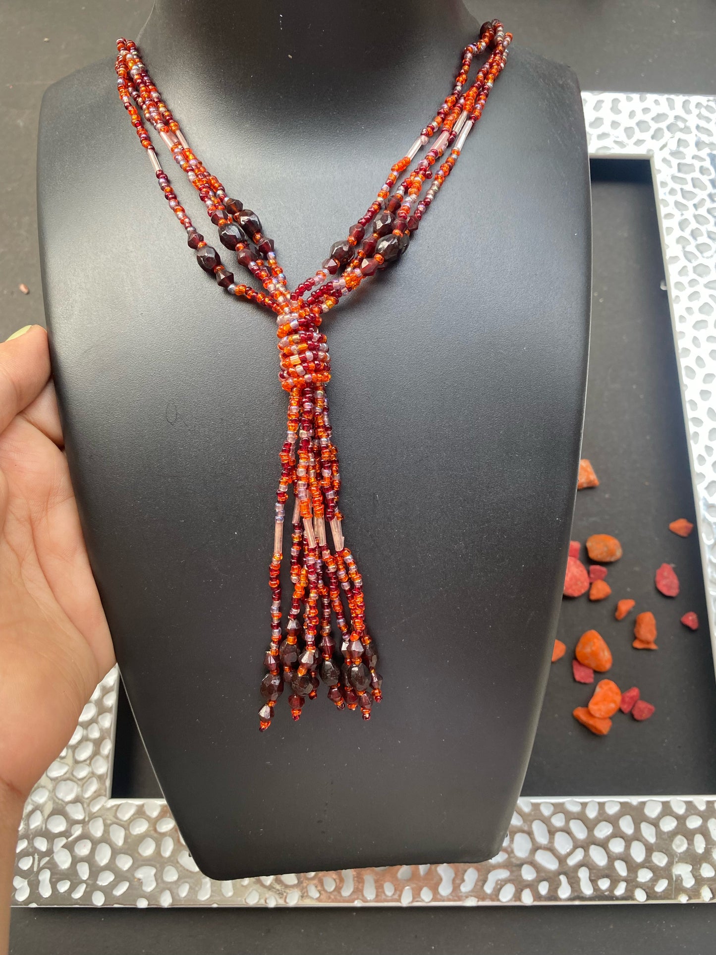Multi-Strand Red Beaded Tassel Necklace – Festive Statement Piece