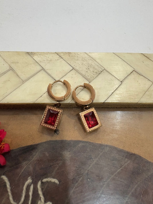 Elegant Gold-Plated Hoop Earrings with Red Crystal Drop