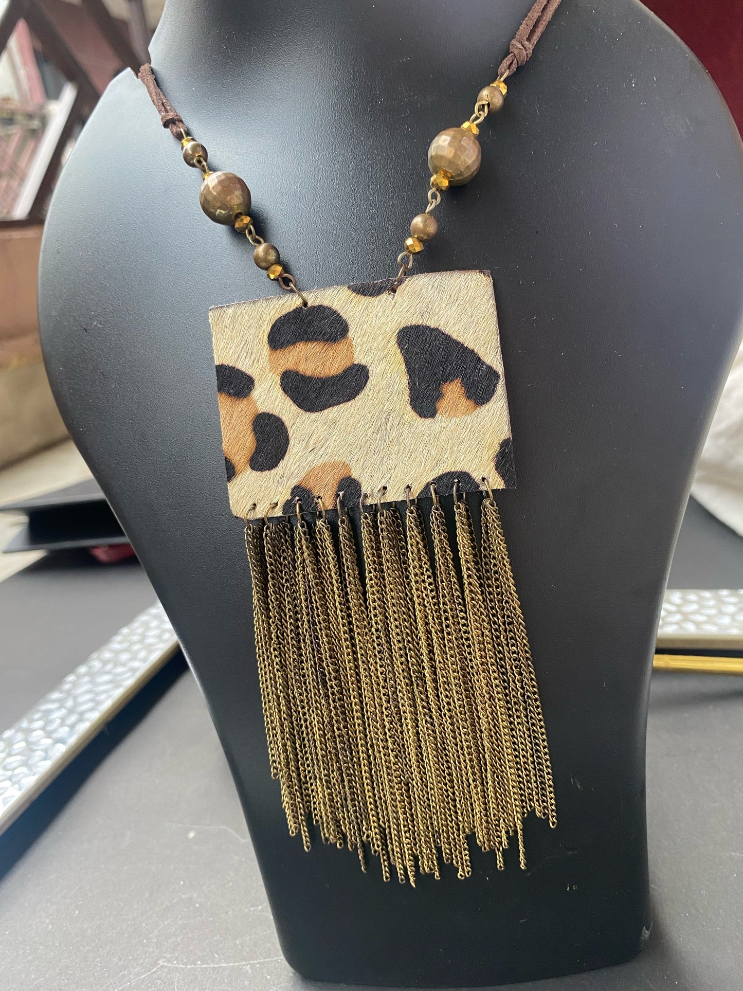 Leopard Print Tassel Statement Necklace – Boho Chic