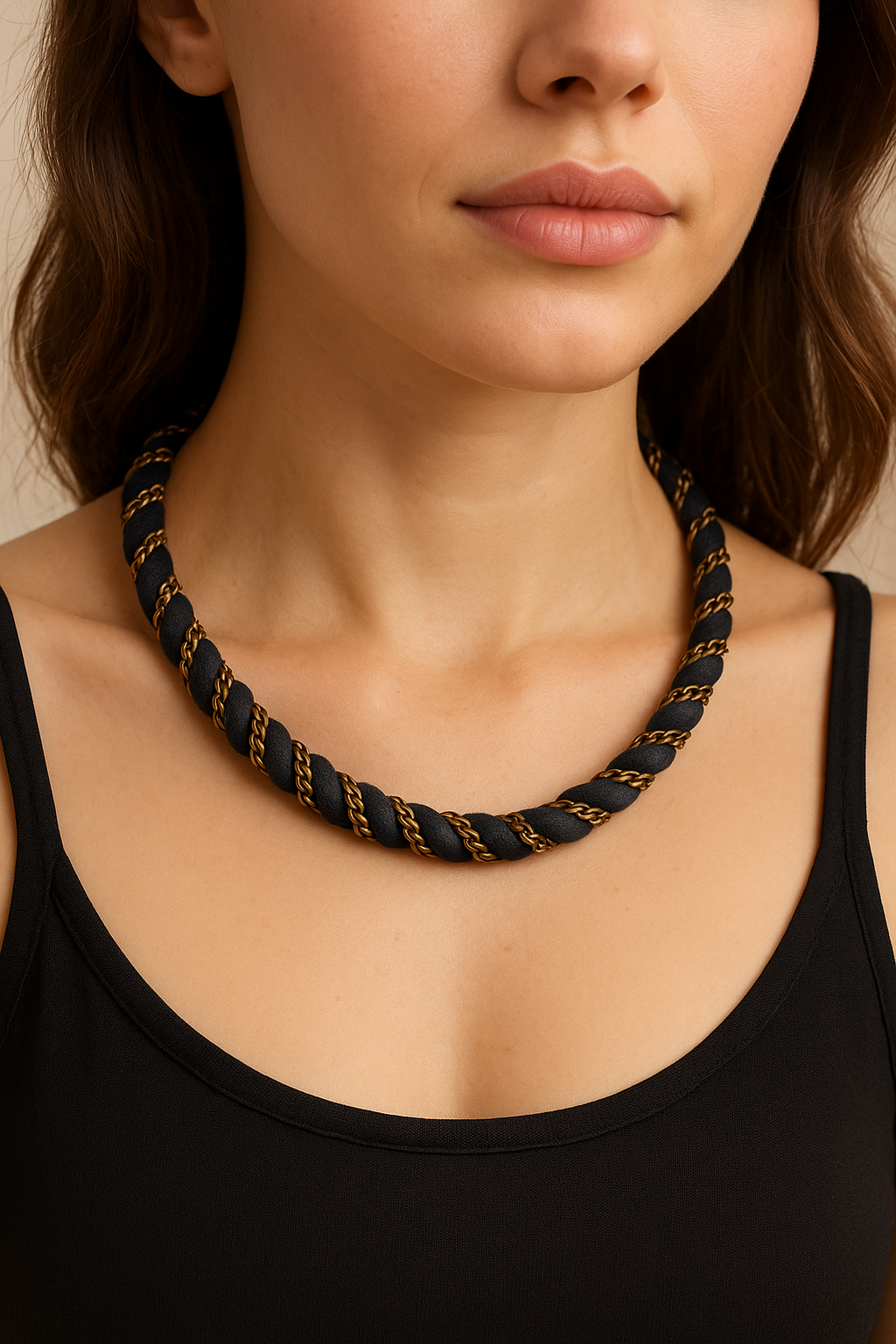 Antique Bronze Chain-Wrapped Fabric Necklace