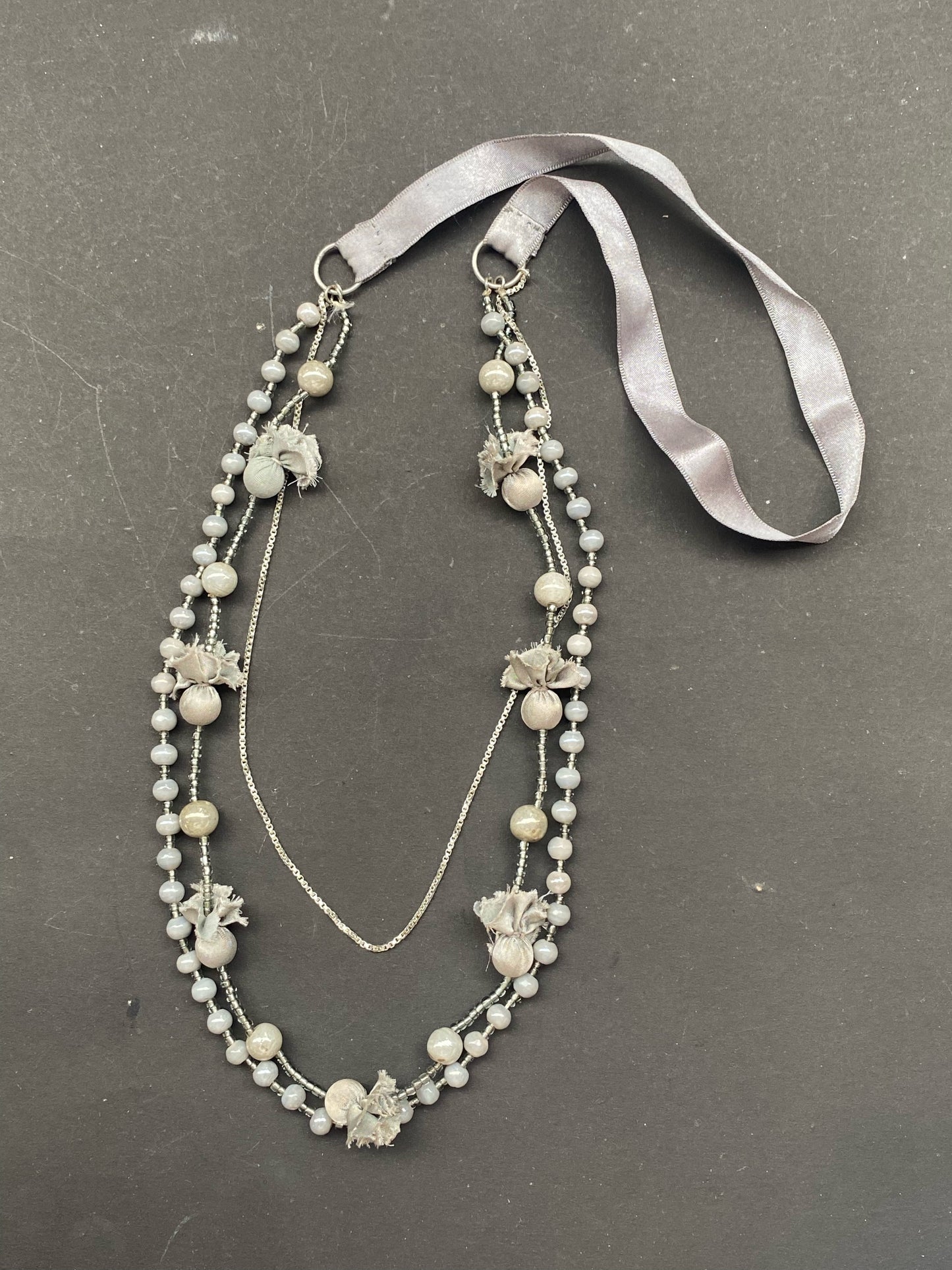 Grey Beaded Layered Necklace with Fabric Accents
