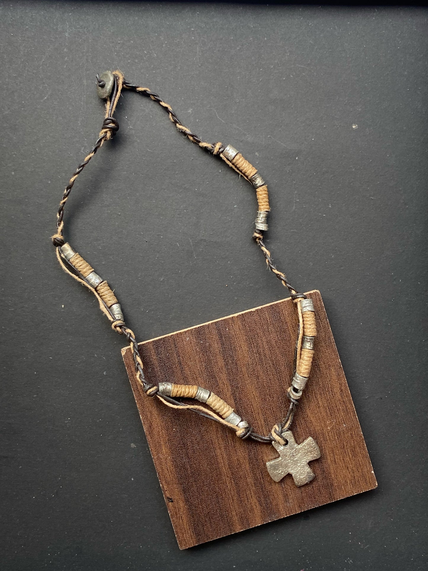 Rustic Tribal Cross Pendant Necklace – Handmade Leather & Metal Beads