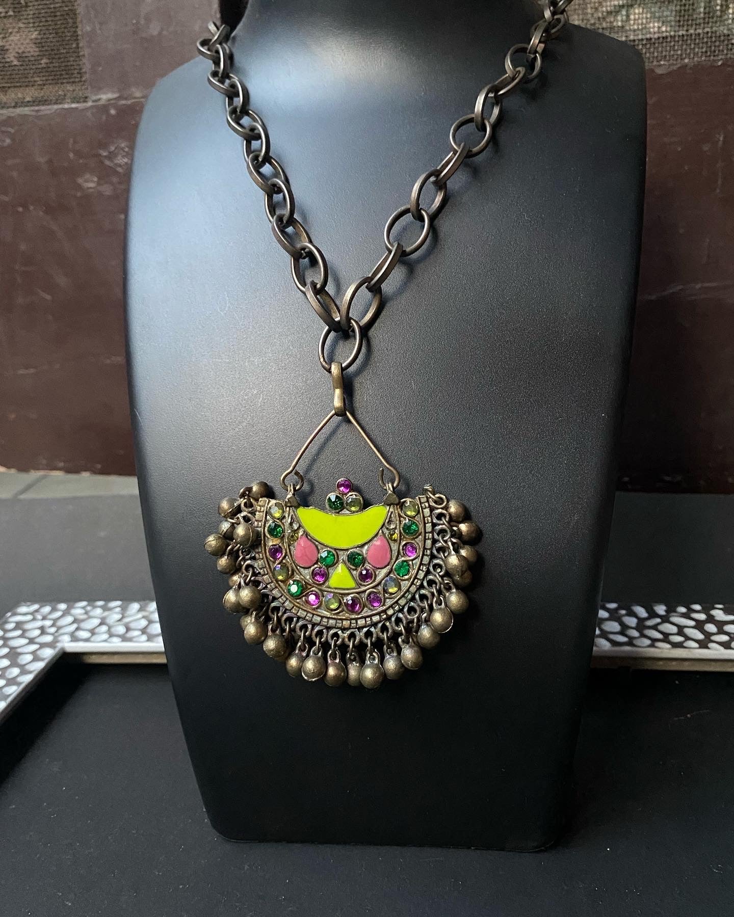 Boho Antique Chain Necklace with Colorful Tribal Pendant
