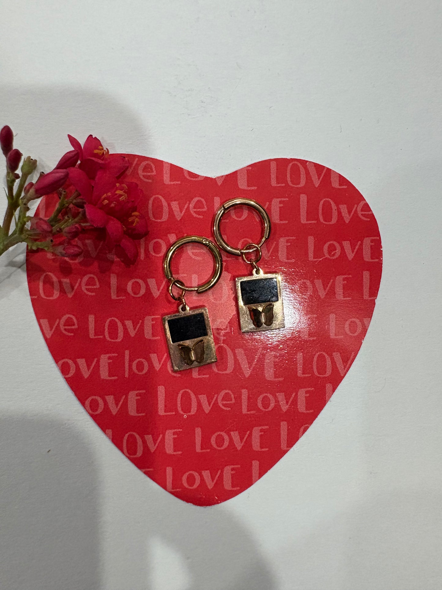 Gold-Plated Hoop Earrings with Black Enamel & Butterfly Charm