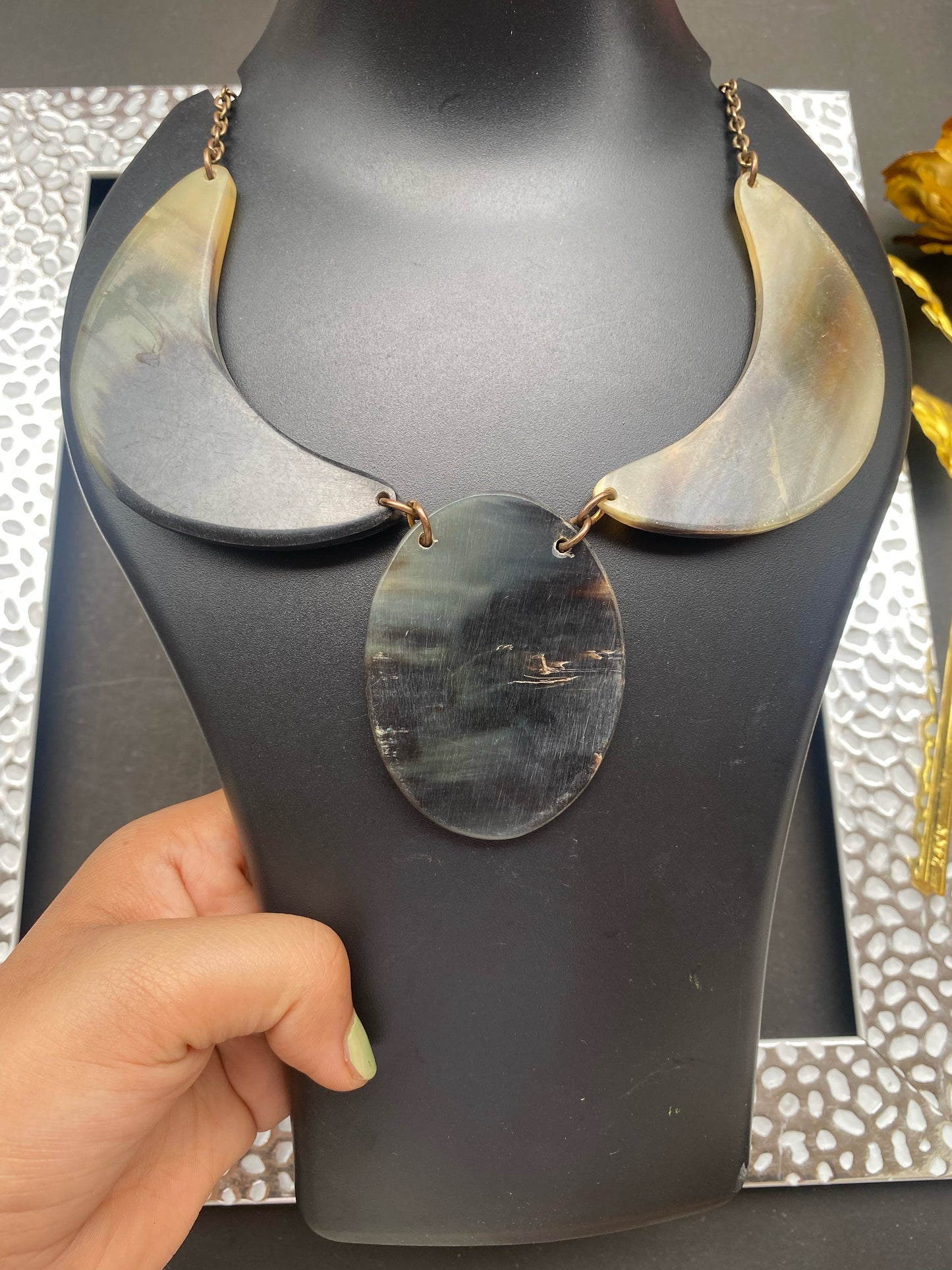 Handcrafted Horn Statement Necklace – Crescent & Oval Design