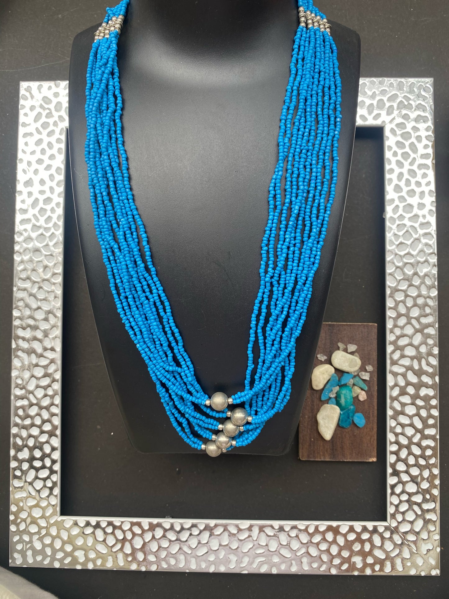 Multi-Strand Turquoise Blue Beaded Necklace with Silver Accents