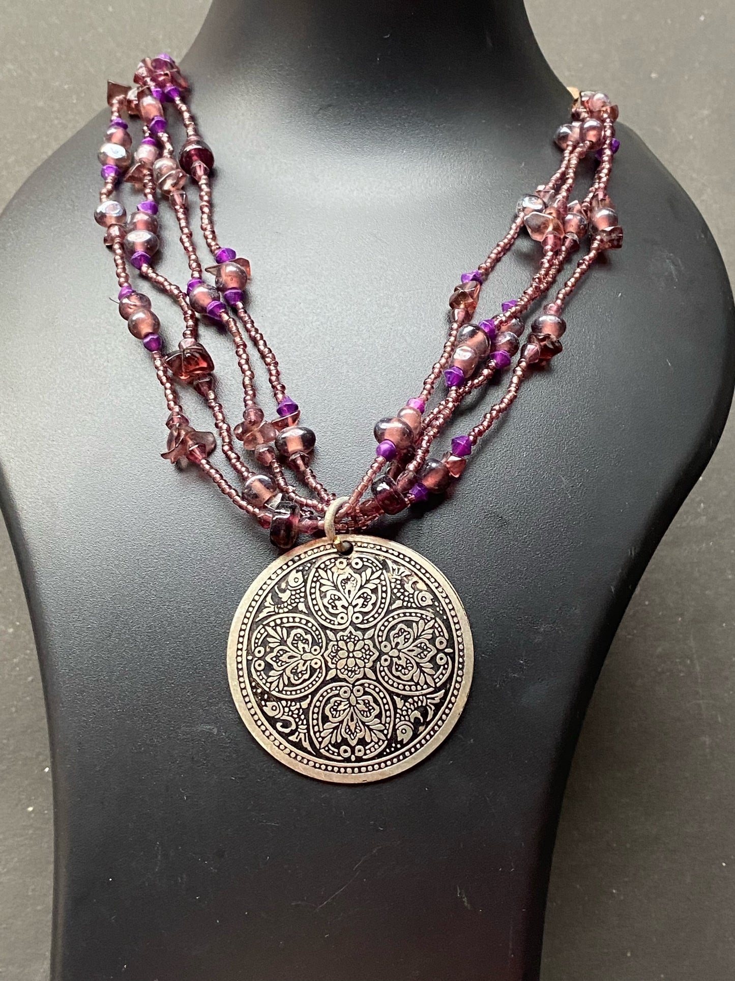 Bohemian Multi-Strand Beaded Necklace with Statement Pendant