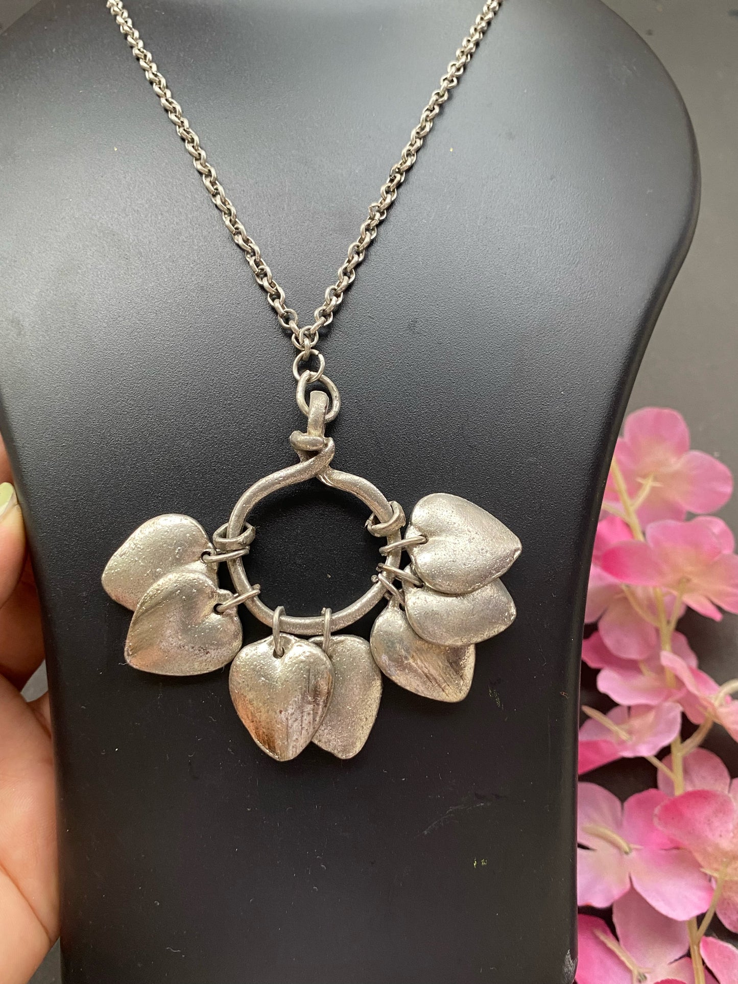 Silver Heart Charm Statement Necklace