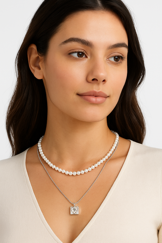 Dual-Layer Pearl & Silver Heart Pendant Necklace