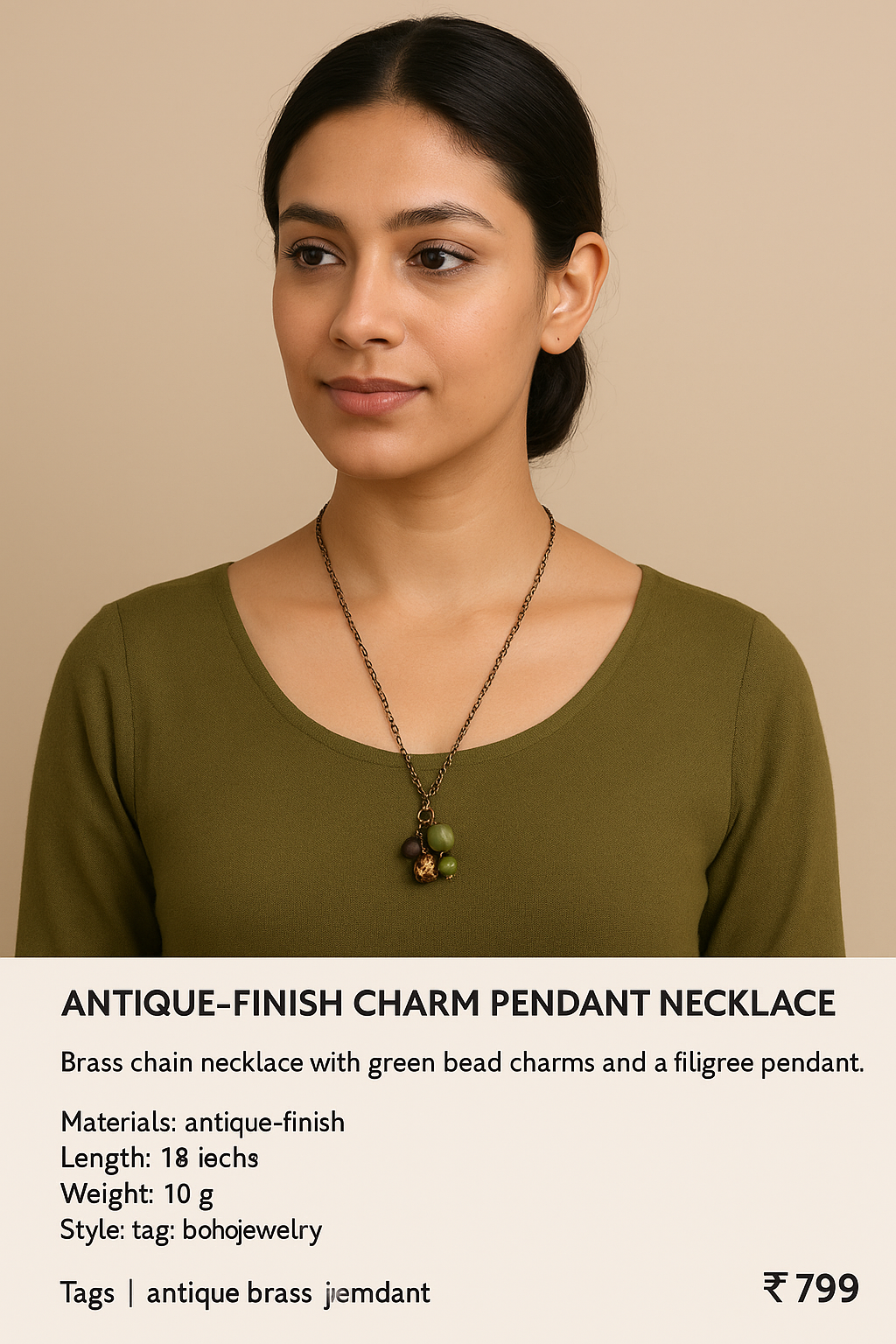 Antique Brass Chain Necklace with Green Bead Charms