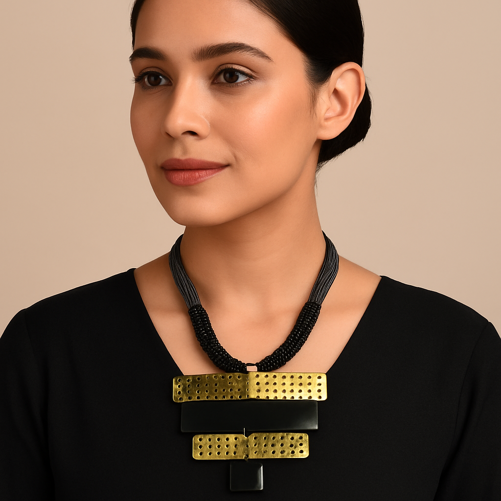 Bold Geometric Brass & Resin Statement Necklace