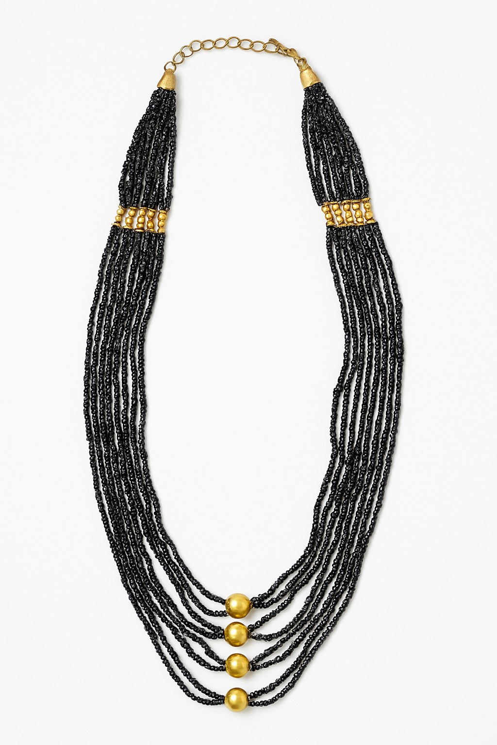 Black Multi-Strand Beaded Necklace with Antique Gold Accents