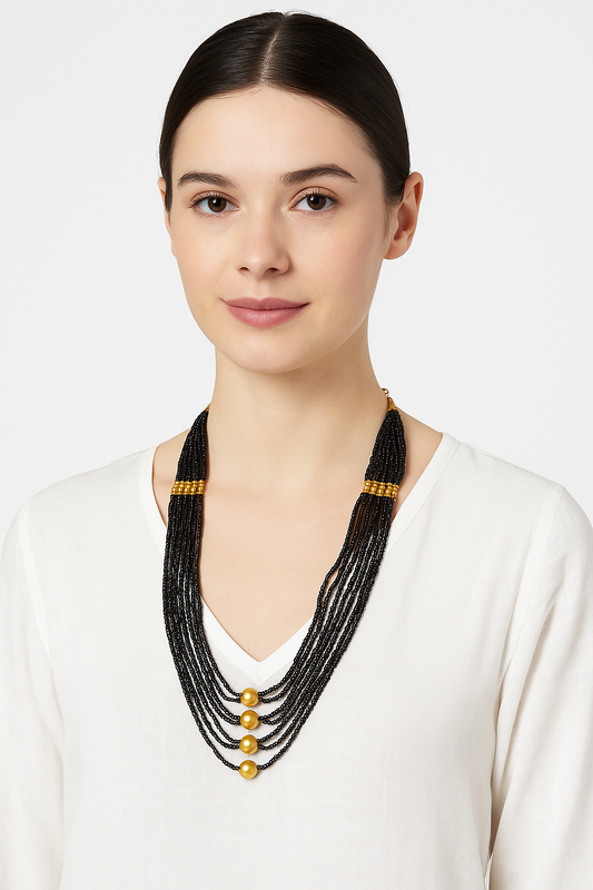 Black Multi-Strand Beaded Necklace with Antique Gold Accents