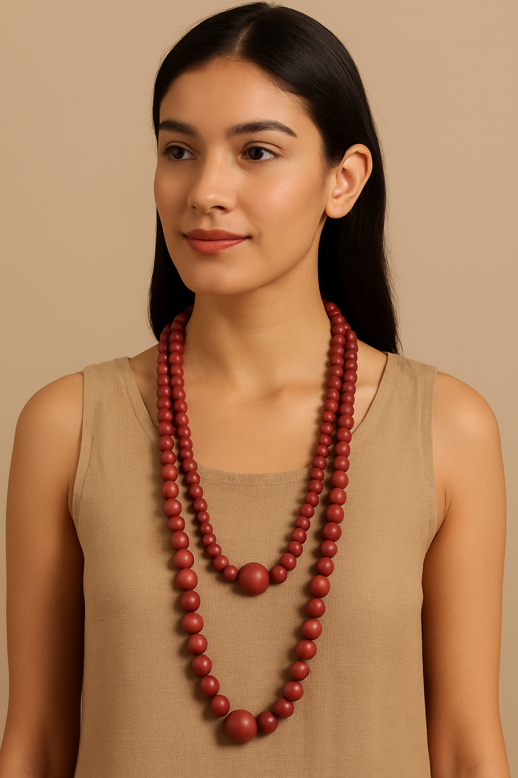Rust Red Dual-Strand Wooden Bead Necklace