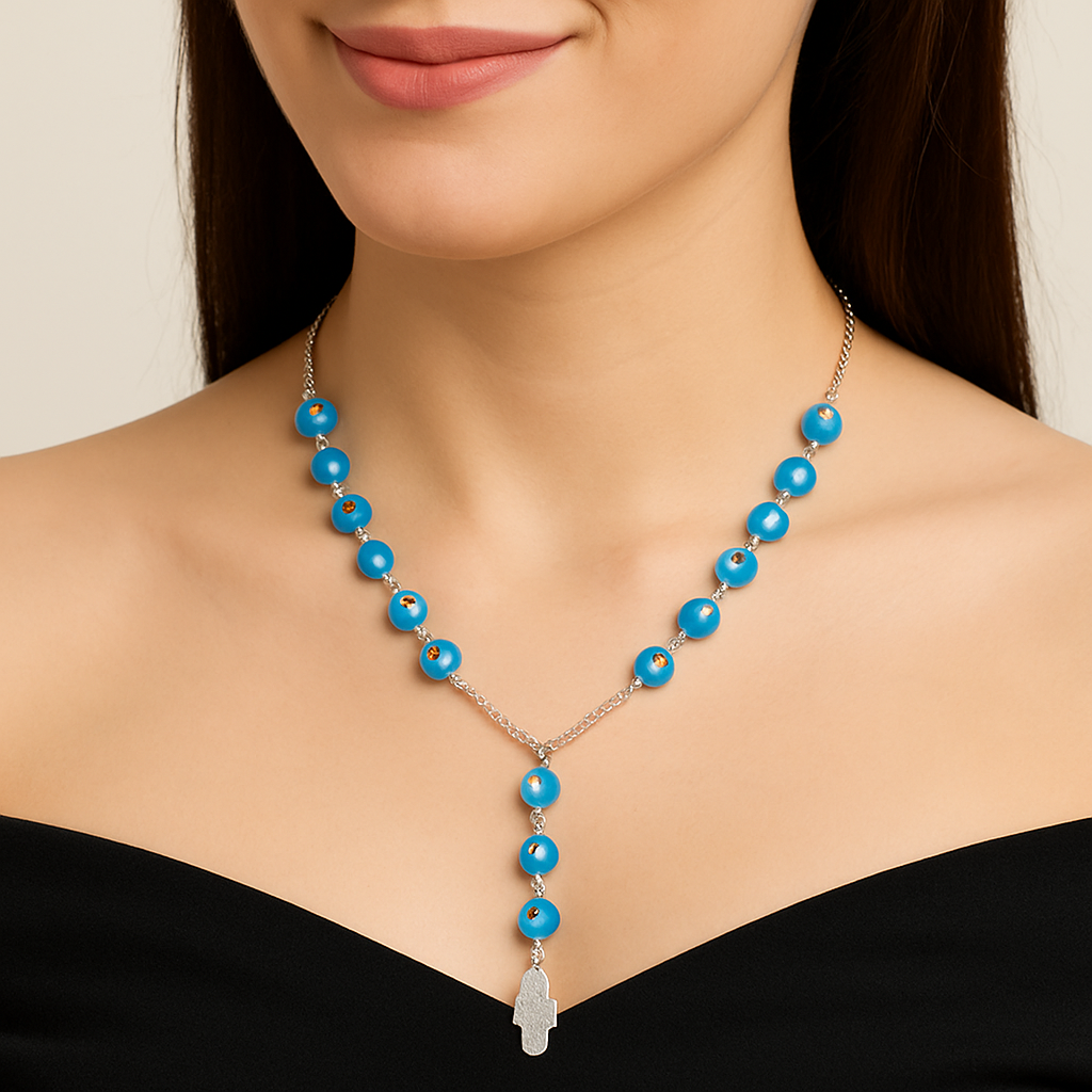 Blue Evil Eye Bead Y-Necklace with Hamsa Pendant