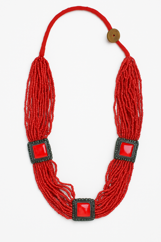 Red Beaded Statement Necklace with Square Accents