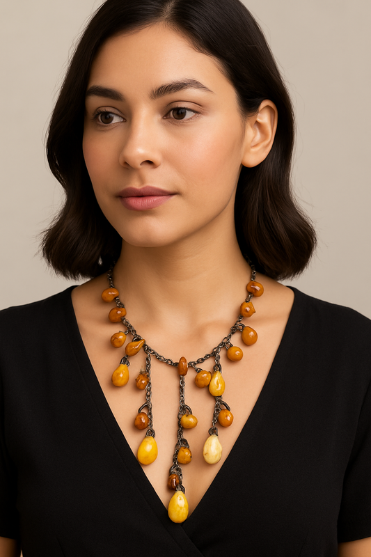 Vintage-Inspired Amber Swirl Drop Necklace