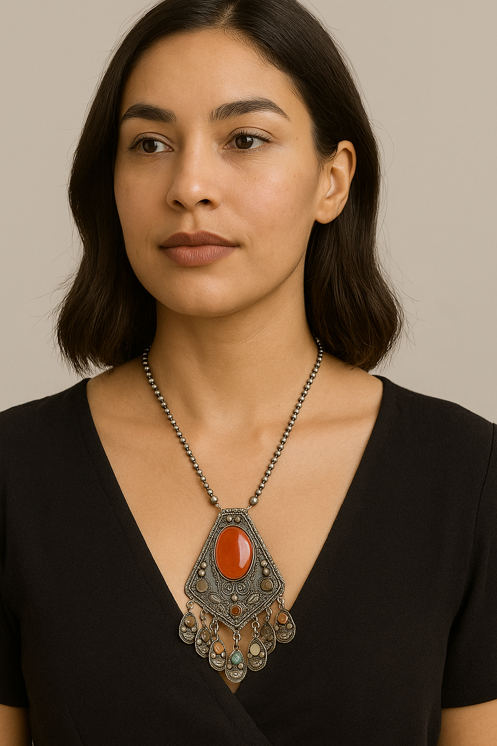 Tribal Antique Silver Necklace with Carnelian Stone and Dangling Charms