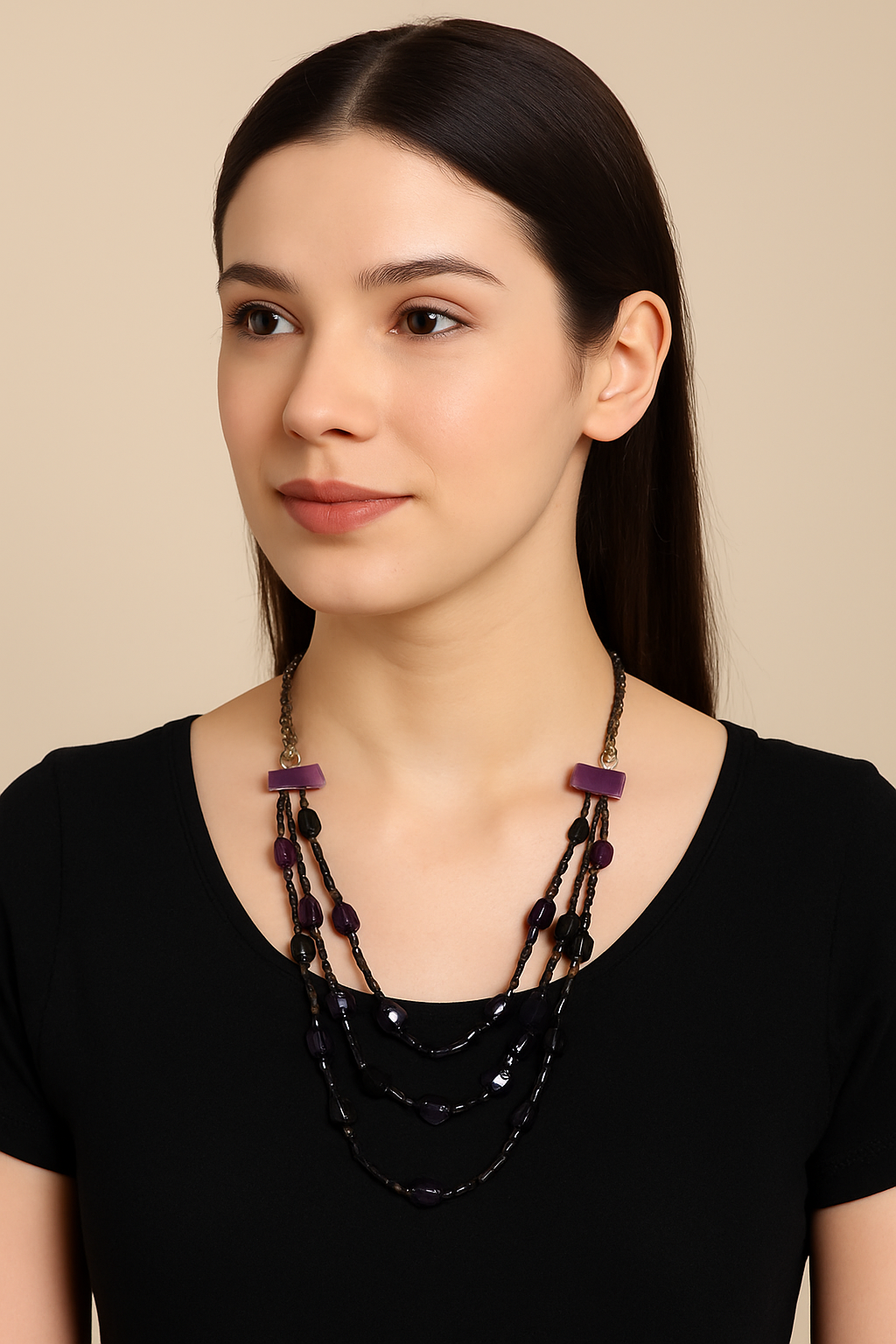 Triple-Strand Beaded Statement Necklace – Midnight Hues