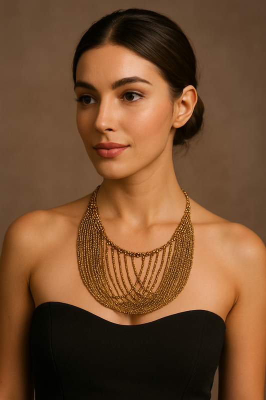 Vintage Brass Multi-Layer Beaded Statement Necklace