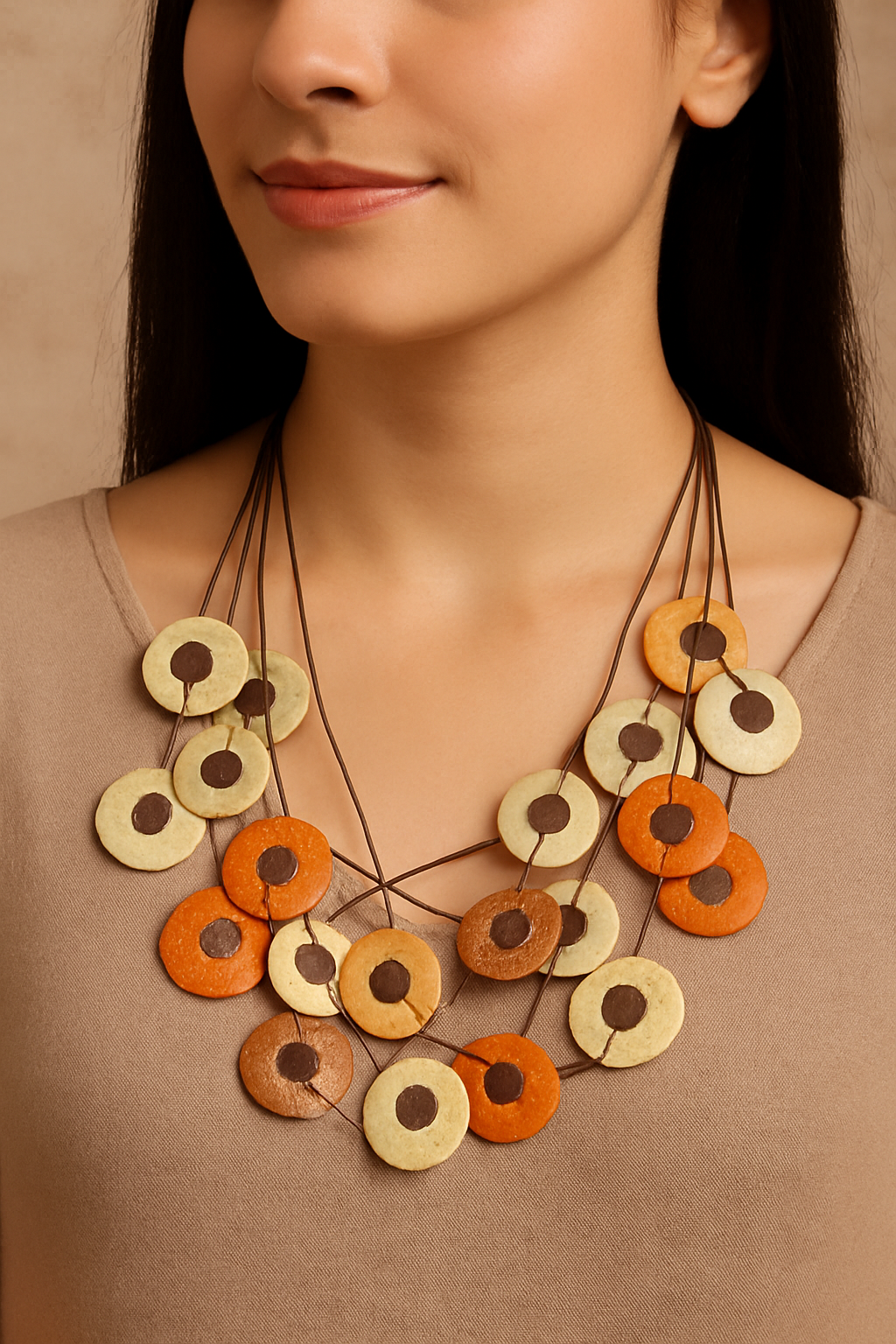 Multicolor Layered Disc Bead Statement Necklace – Earthy Boho Style