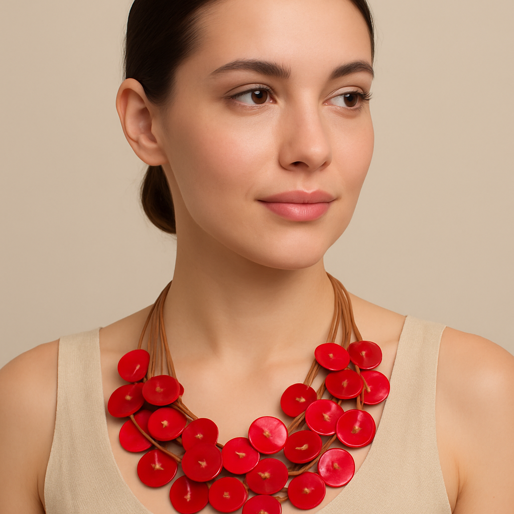 Red Shell Disc Multi-Strand Statement Necklace