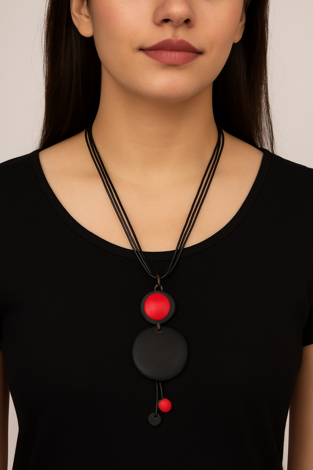 Geometric Wooden & Resin Pendant Necklace – Black & Red