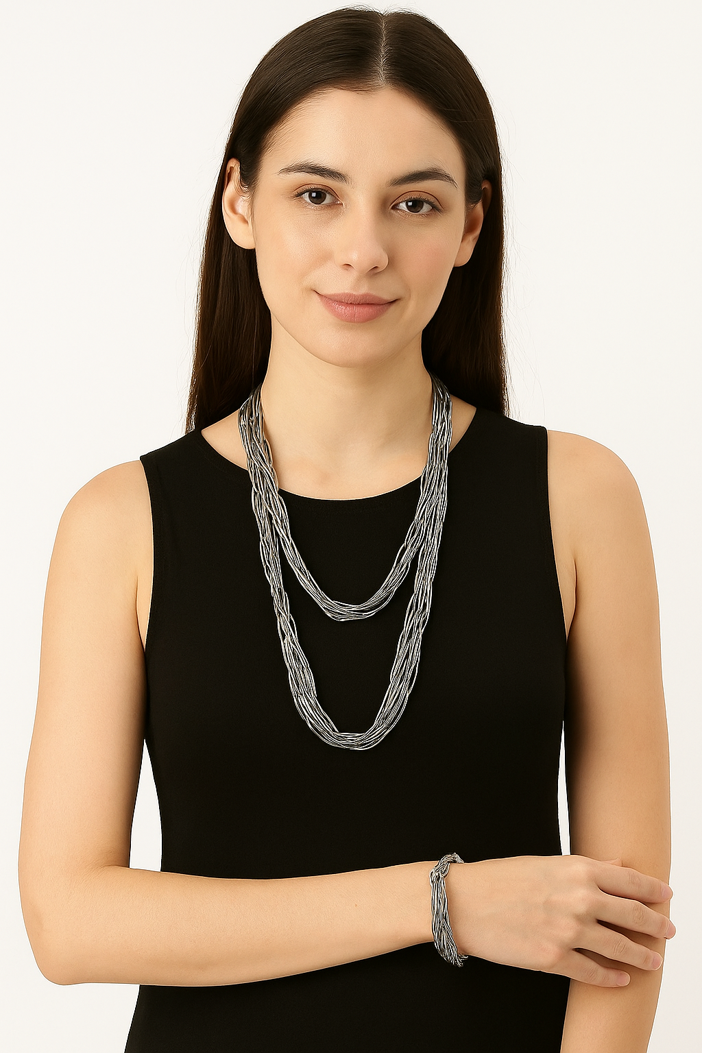 Silver Multi-Strand Necklace & Bracelet Set,set of Three