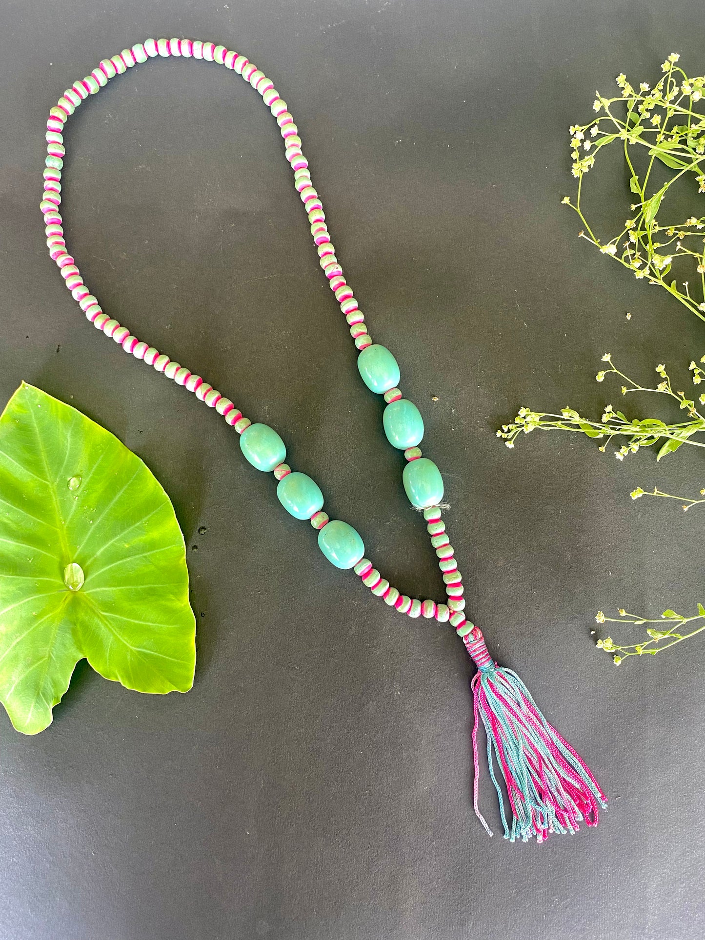 Turquoise & Pink Beaded Tassel Necklace